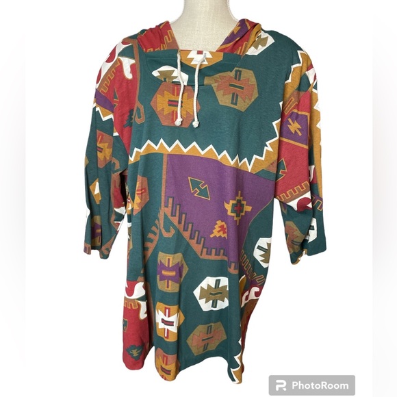 Capistrano Tops - Capistrano Tribal Pattern Green, Tan, Maroon Hooded Shirt